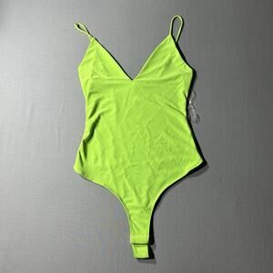 DAY&NIGHT V-Neck Spaghetti Strap Thong Bodysuit Neon Green Small